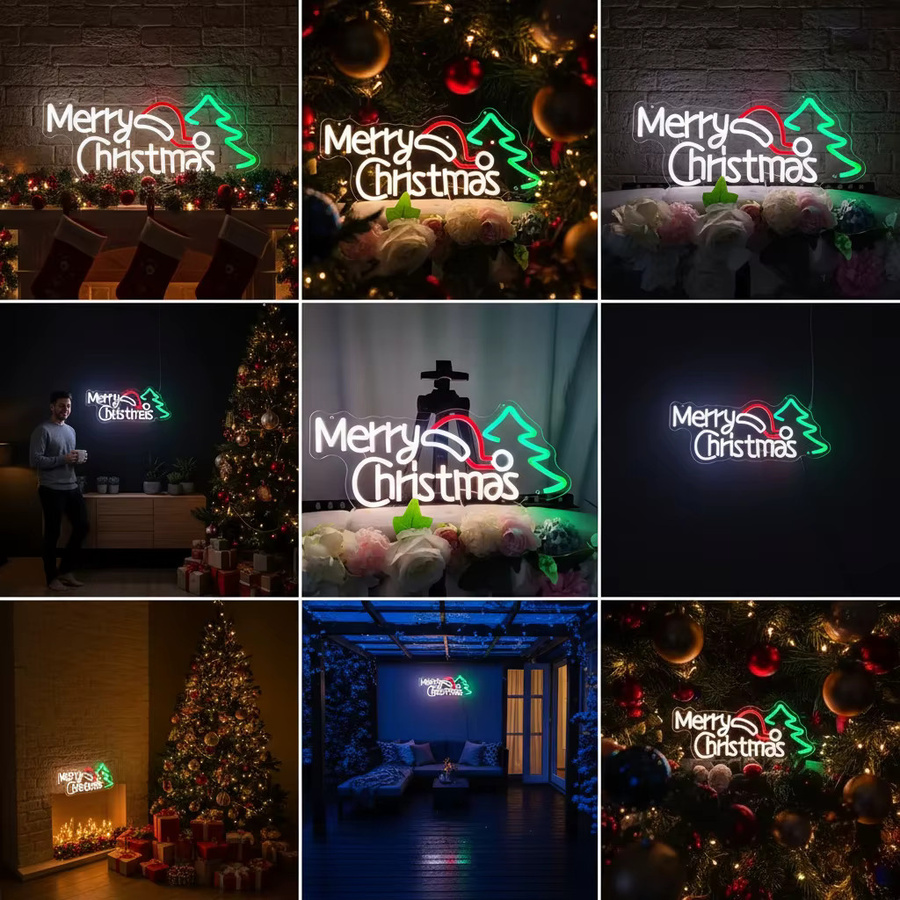 Weihnachts-Neonschild mit Weihnachtsmütze und Baum, mehrfarbig, USB-betrieben mit Schaltersteuerung, Wandbehang-Dekoration für Zuhause und Party, B/H: 40,0 x 15,0 cm - Bild 3