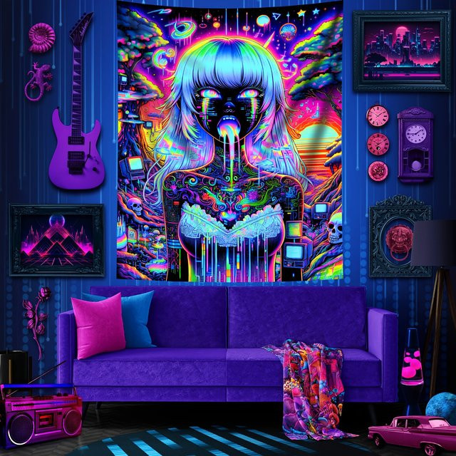 VIKAMA Cyberpunk Girl Wandteppich in Multicolour im Boho-Stil als dekorative Wandillustration für deinen Gaming-Raum oder dein Schlafzimmer - Bild 1