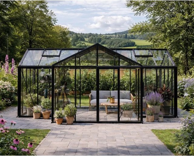 Bloomcabin Gewächshaus T-Modell Orangerie GHT2 aus Aluminium und Sicherheitsglas in Schwarz mit integrierten Dachfenstern und Belüftungssystem - Bild 1