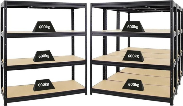 4er Set PROREGAL Schwerlastregal Dino Schwarz, H x B x T: 180 x 160 x 60 cm, Fachlast 600 kg mit verstellbaren MDF-Holzböden - Bild 1