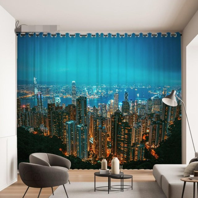 Yiran Furniture 3D Stereo Stadt Nachtansicht Vorhang mit Stadtszenerie in Blau, semi-transparent, B: 200 cm, H: 100 cm - Bild 1