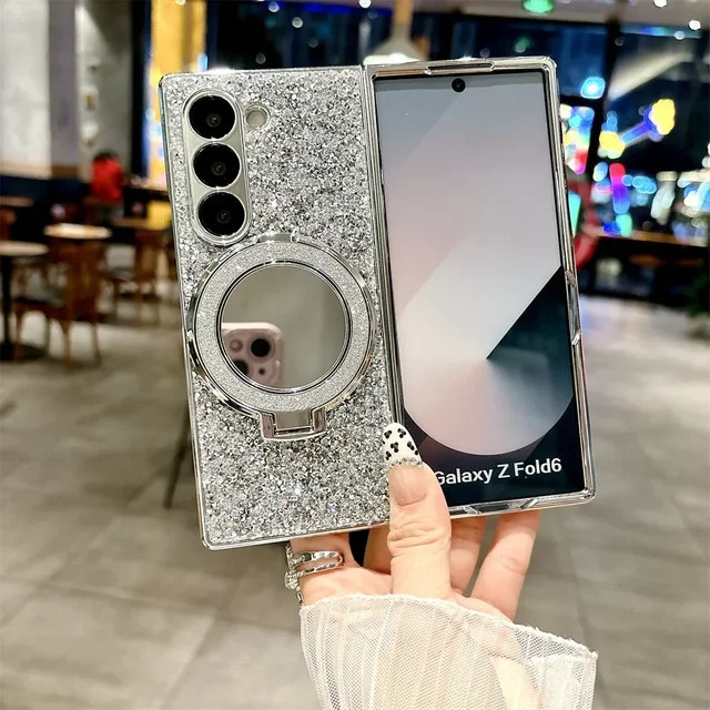Glitzernde Magnet-Handyhülle mit Spiegel-Ständer für Samsung Galaxy Z Fold 7, 6, 5, 4 in Lila - Bild 1