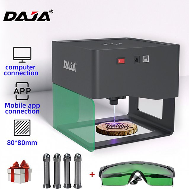 DAJA DJ6 Lasergravierer in Schwarz mit 3 W Laserleistung und APP-Steuerung, tragbare Gravurmarkierungsmaschine für DIY-Logo-Druck, Schnitzbereich 80 x 80 mm - Bild 1