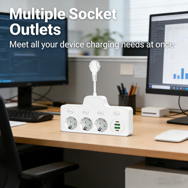 Netcosy Steckdosenleiste QL-1118U in Weiß mit 3 AC-Steckdosen, 2 USB-C Anschlüssen und Einzelschaltern zur Wandmontage - Bild 1