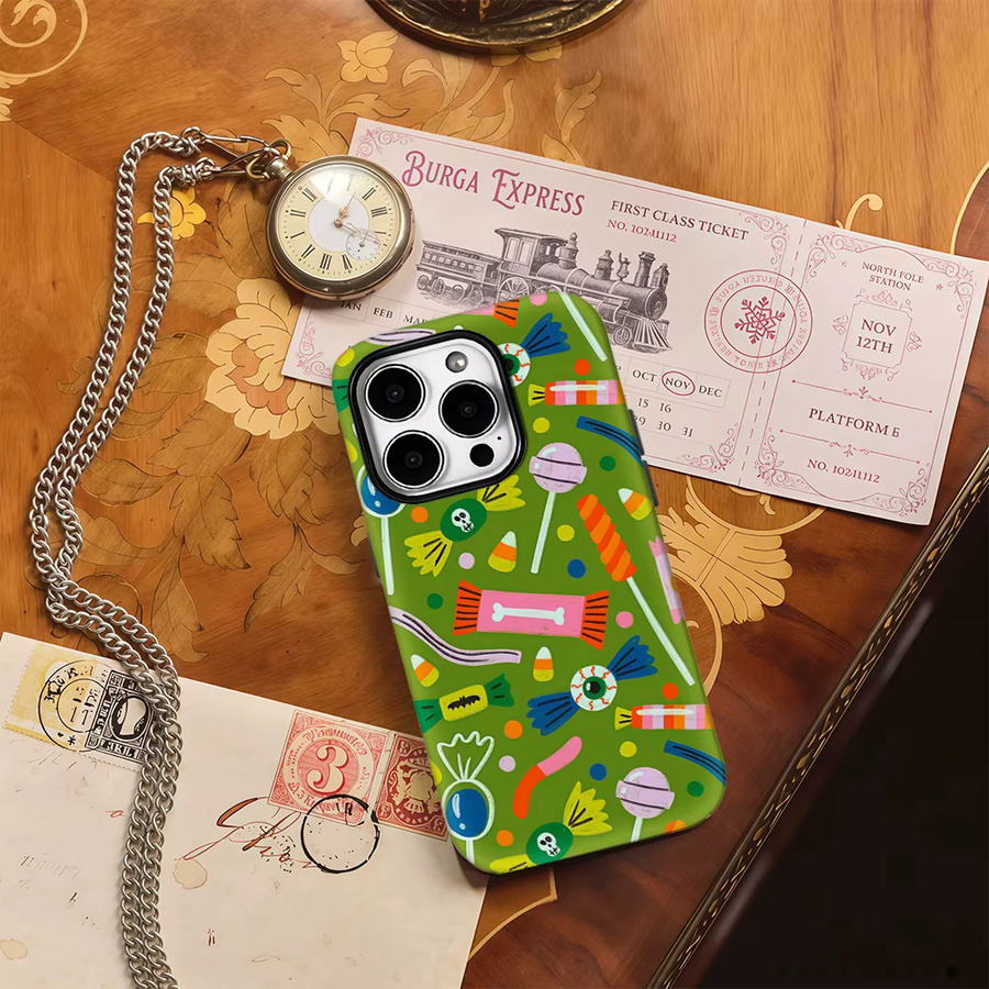 Potdemiel Handyhülle mit buntem Halloween-Süßigkeiten-Design für iPhone 11 bis iPhone 16 Pro Max, mehrfarbig, doppelschichtige Rückseite - Bild 3