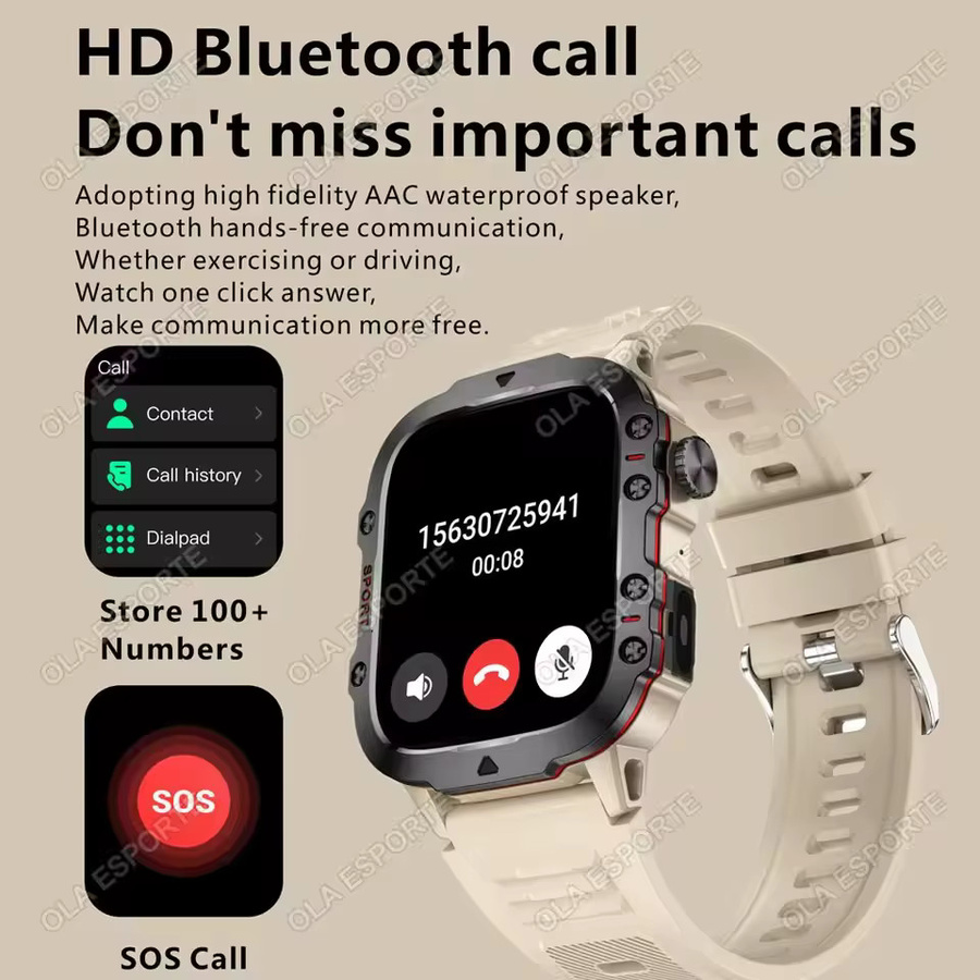 Ola Esporte Militär-Smartwatch für Herren in Schwarz mit 2,01 Zoll HD-Touchscreen, Bluetooth-Anruffunktion und LED-Taschenlampe - Bild 3