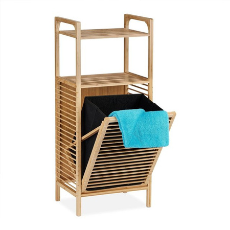 Relaxdays Badregal aus Bambus mit Wäschekorb in Schwarz und Natur, H x B x T: 95 x 40 x 30 cm