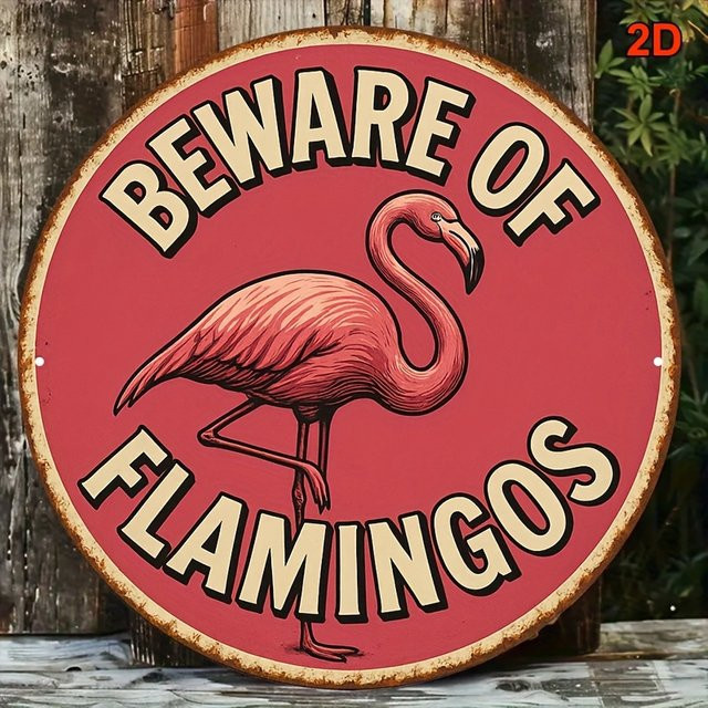 Potdemiel Vintage Aluminiumschild Beware of Flamingos rund, Farbe: Pink, Durchmesser: 20,3 cm - Bild 1
