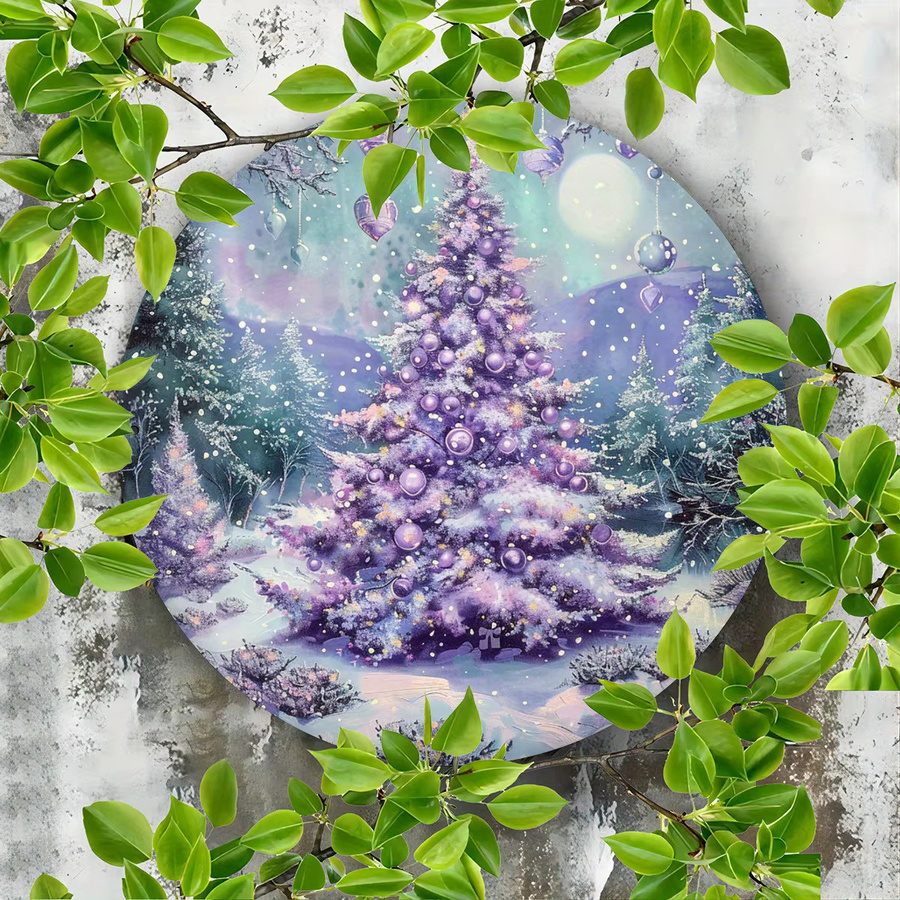 Potdemiel Rundes Aluminiumschild Weihnachtsbaum Lila Schneeszene Metallwandkunst Durchmesser: 20,3 cm - Bild 3