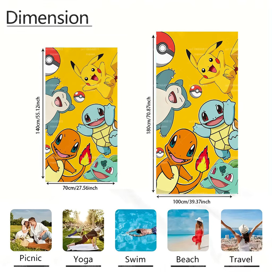 Potdemiel Pokemon Cartoon-Strandtuch mit Pikachu-Charmander-Print, schnell trocknend und saugfähig, Mehrfarbig, Breite: 60 cm, Höhe: 40 cm - Bild 3