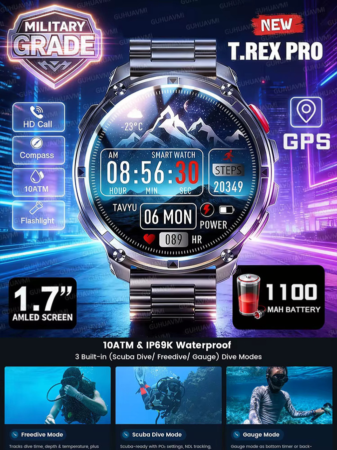 GUHUAVMI Smartwatch, GPS, Aluminium, Silikon, Schwarz, Herren, 10 ATM - Bild 5