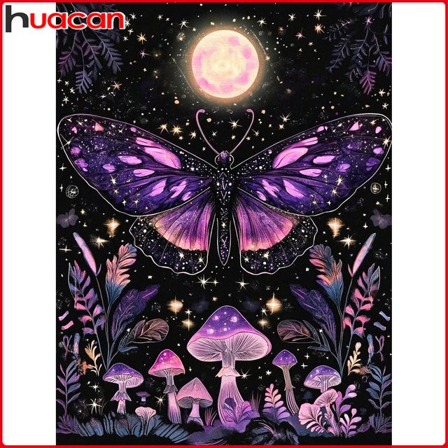 Huacan 5D Diamantmalerei Mond und Schmetterling als dekoratives Landschaftsgemälde mit Tier-Motiv, B/H: 20 x 30 cm - Bild 1