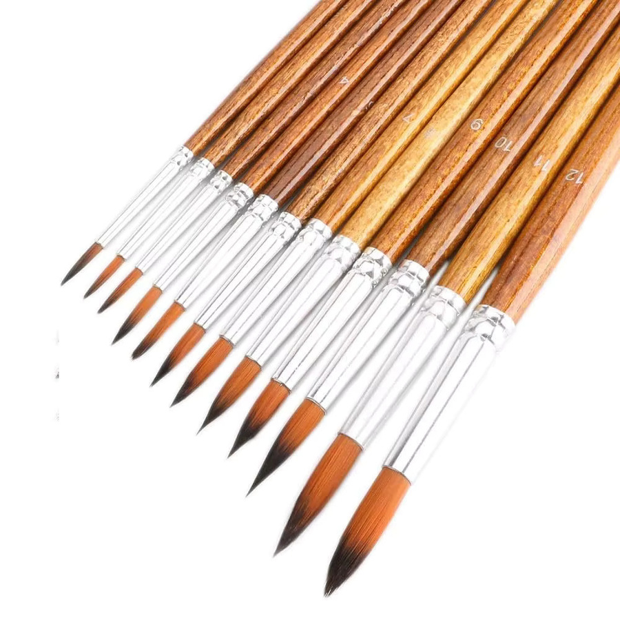 12-teiliges Künstlerpinsel-Set in Braun mit spitzen und runden Spitzen für Aquarell, Acryl, Tinte, Gouache, Öl und Tempera - Bild 2