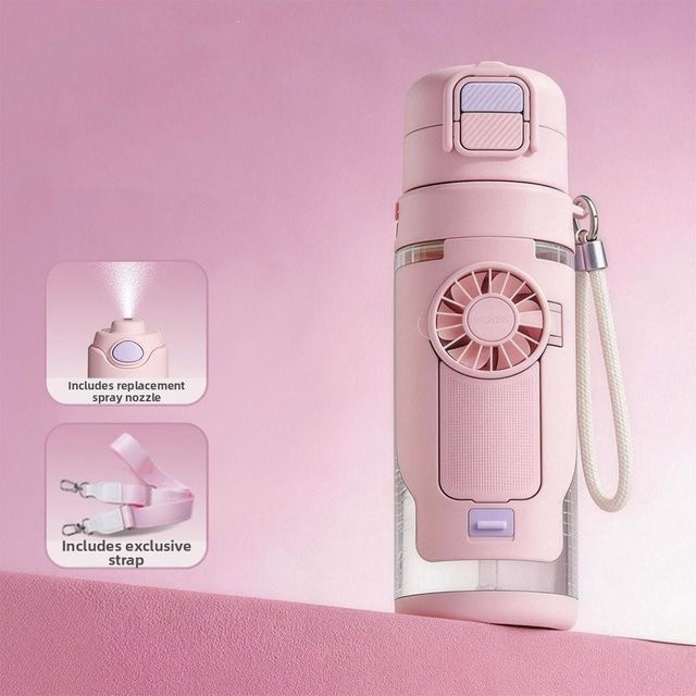 Fujmhyk Hydrationsspray-Fächerbecher mit abnehmbarem Lüfter, Sport-Trinkflasche für Kaltgetränke, Pink, 690 ml - Bild 1