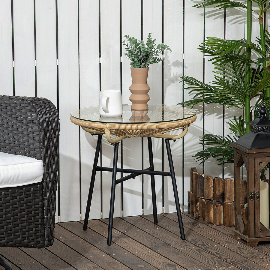 Outsunny Beistelltisch aus Rattan und Glas in Beige im Boho-Stil für Garten, Terrasse und Veranda, B/T/H: 50 x 50 x 50 cm - Bild 2