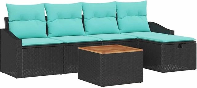 vidaXL Gartensofa-Set 6-teilig aus Poly-Rattan und Akazienholz in Schwarz mit Kissen - Bild 1