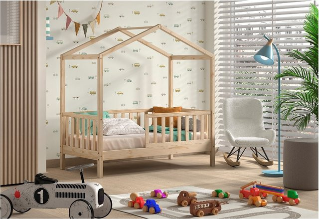 Junior Hausbett Vipack aus massiver Kiefer mit seitlicher Umrandung in Braun, Liegefläche 70 x 140 cm - Bild 1
