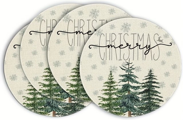 VIKAMA 4er-Set Weihnachts-Tischsets mit Schneeflocken- und Kiefernzweig-Design, rund, mehrfarbig, Leinen-Optik - Bild 1
