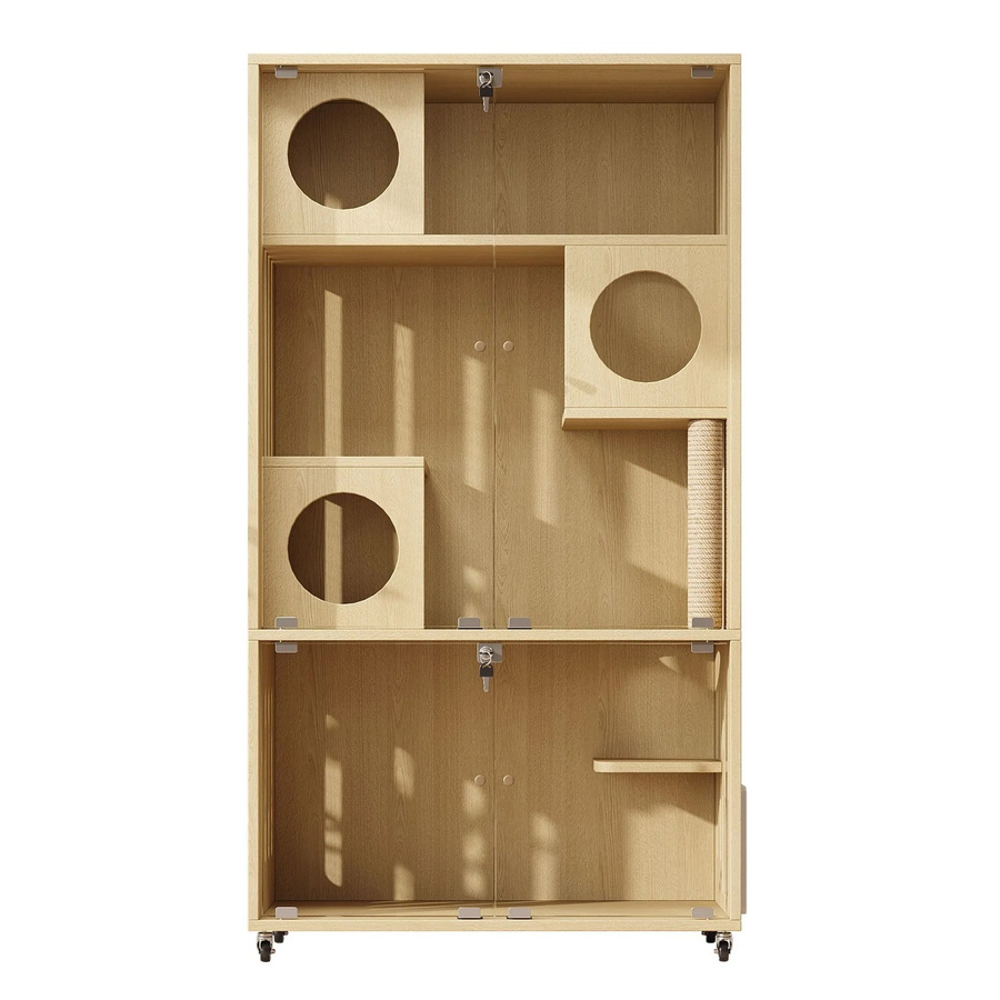 Merax Katzenkäfig aus Naturholz in Beige mit Rollen und Schlüsselverschluss, B/T/H: 90 x 50 x 166 cm - Bild 2
