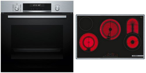 Bosch Herdset aus Einbaubackofen HBG578BS3 und Kochfeld PKC845FP1D in Edelstahl und Schwarz mit Glaskeramik, Pyrolyse und Heißluft - Bild 1