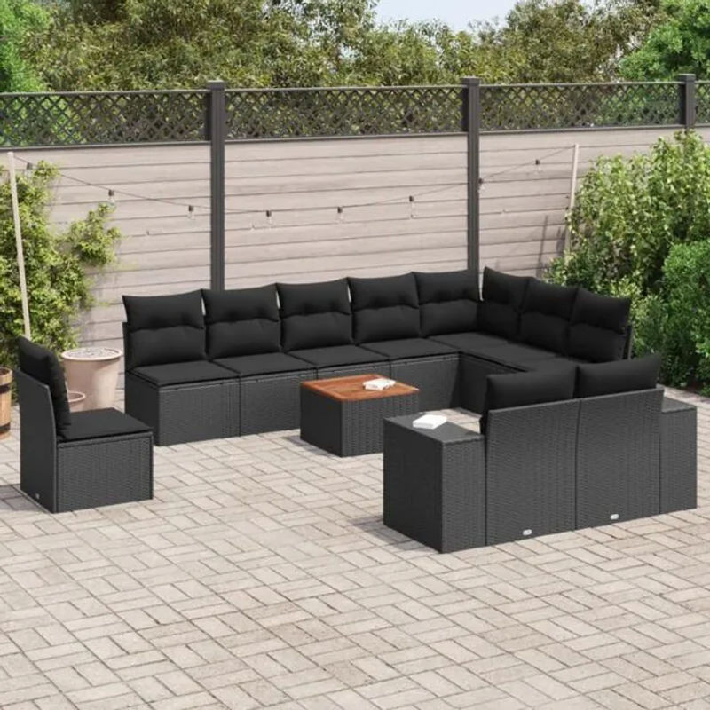 Vidaxl 11-tlg. Garten-Sofagarnitur mit Kissen aus Polyrattan in Schwarz - Bild 1