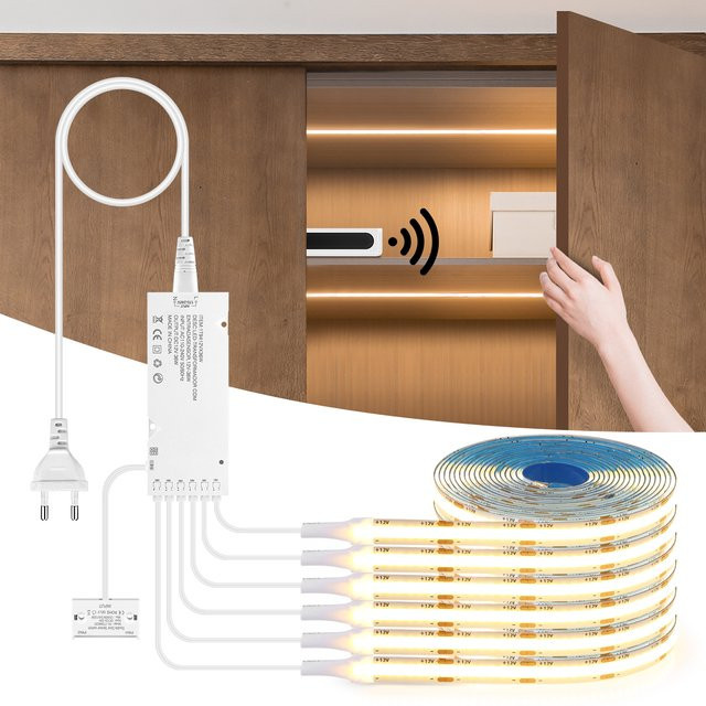 Lcamaw LED COB Lichtleiste für Schränke mit Bewegungssensor und Türsensor in Warmweiß - Bild 1