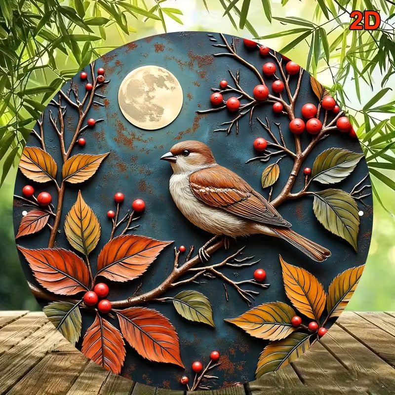 Rundes Aluminiumschild Potdemiel Herbstspatz mit Beeren und Vollmond im Landhausstil, Durchmesser: 20,32 cm - Bild 3