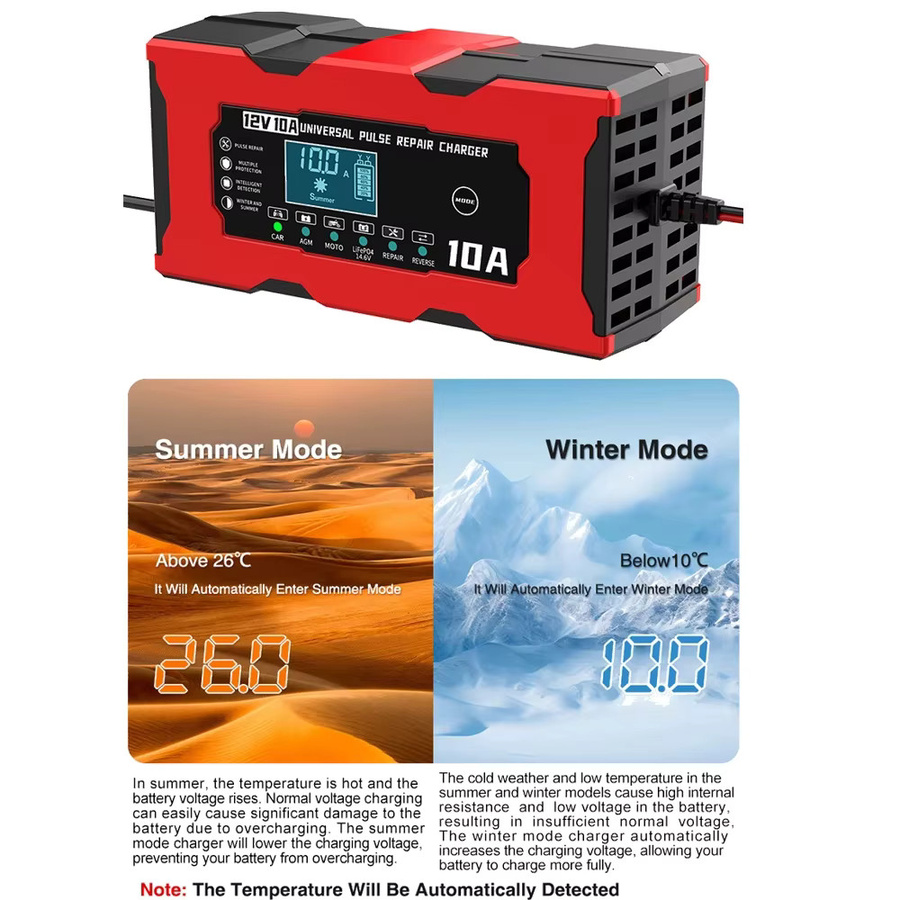 Smart Auto Batterie Ladegerät mit LCD Display, 12V 10A Puls Reparatur Ladegerät für LiFePO4, Blei-Säure, AGM, GEL und PB Lithium-Batterien, Farbe: Rot - Bild 3