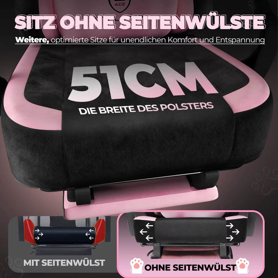 GTPLAYER Gaming Stuhl mit Katzenohren in Rosa aus Samtstoff, ergonomischer Bürostuhl für Home Office und Gaming mit Armlehnen und Kopfstütze, Belastbarkeit bis 150 kg - Bild 5