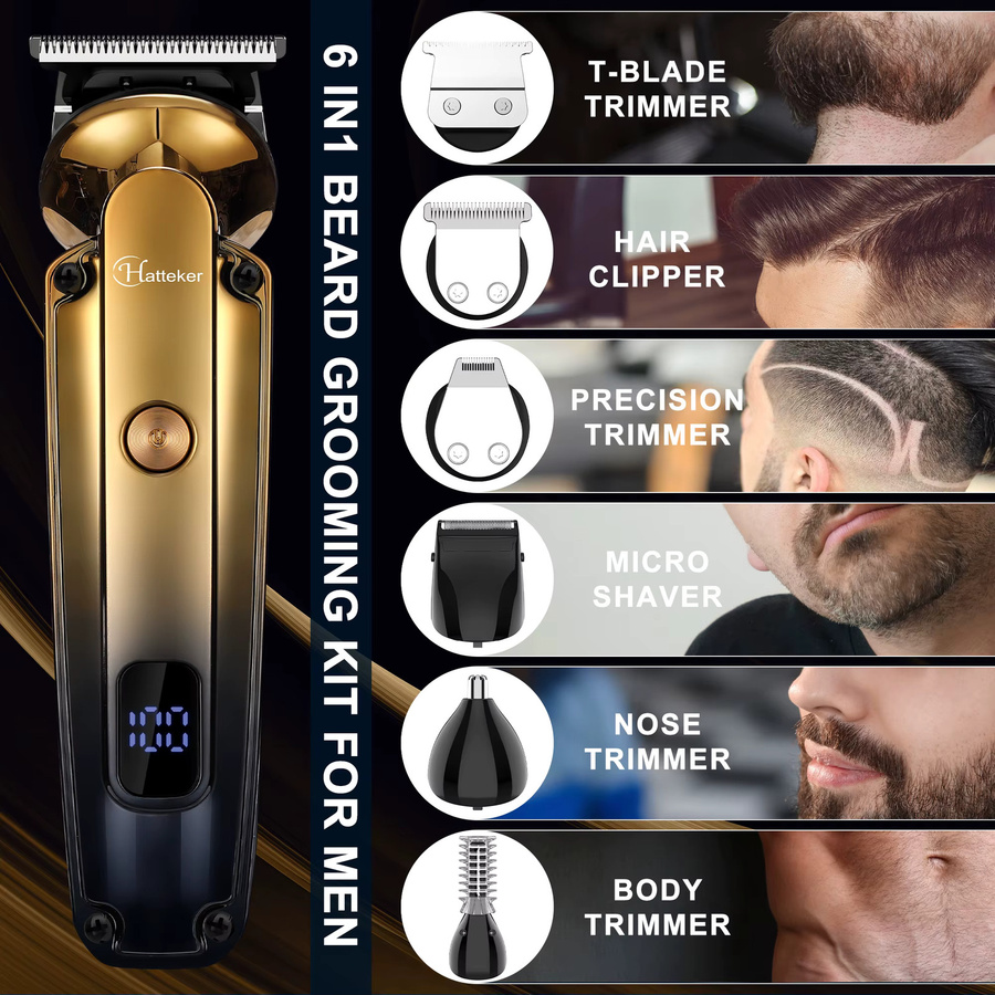 Hatteker 6-in-1 Professioneller Haarschneider mit Keramikklinge, LED-Anzeige und USB-Aufladung in Gold - Bild 2
