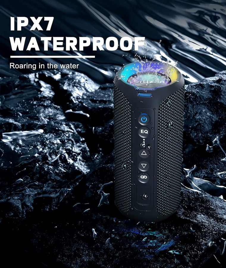 Ortizan X8 Pro Bluetooth-Lautsprecher mit 40 W Stereo-Sound, IPX7 wasserdicht und 30 Stunden Spielzeit in Schwarz und Blau mit farbigen Lichteffekten - Bild 3