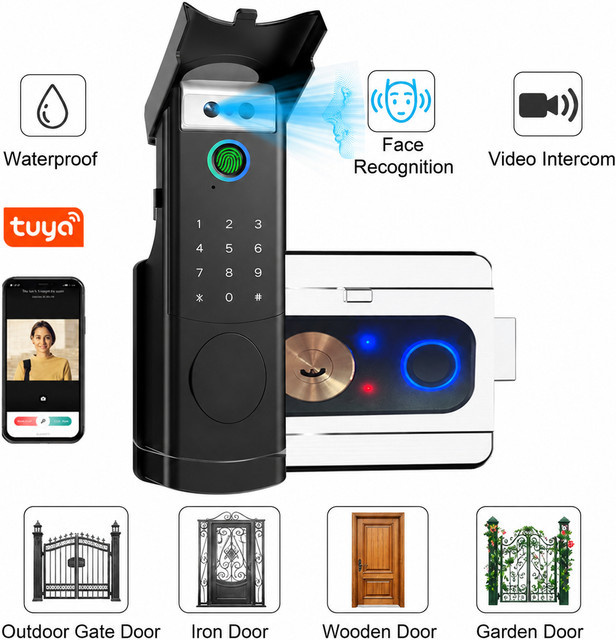 Tuya Smart Lock mit Video Intercom und Fingerabdrucksensor, Wasserdichte elektronische Türverriegelung mit Gesichtserkennung und App-Steuerung, Schwarz - Bild 1