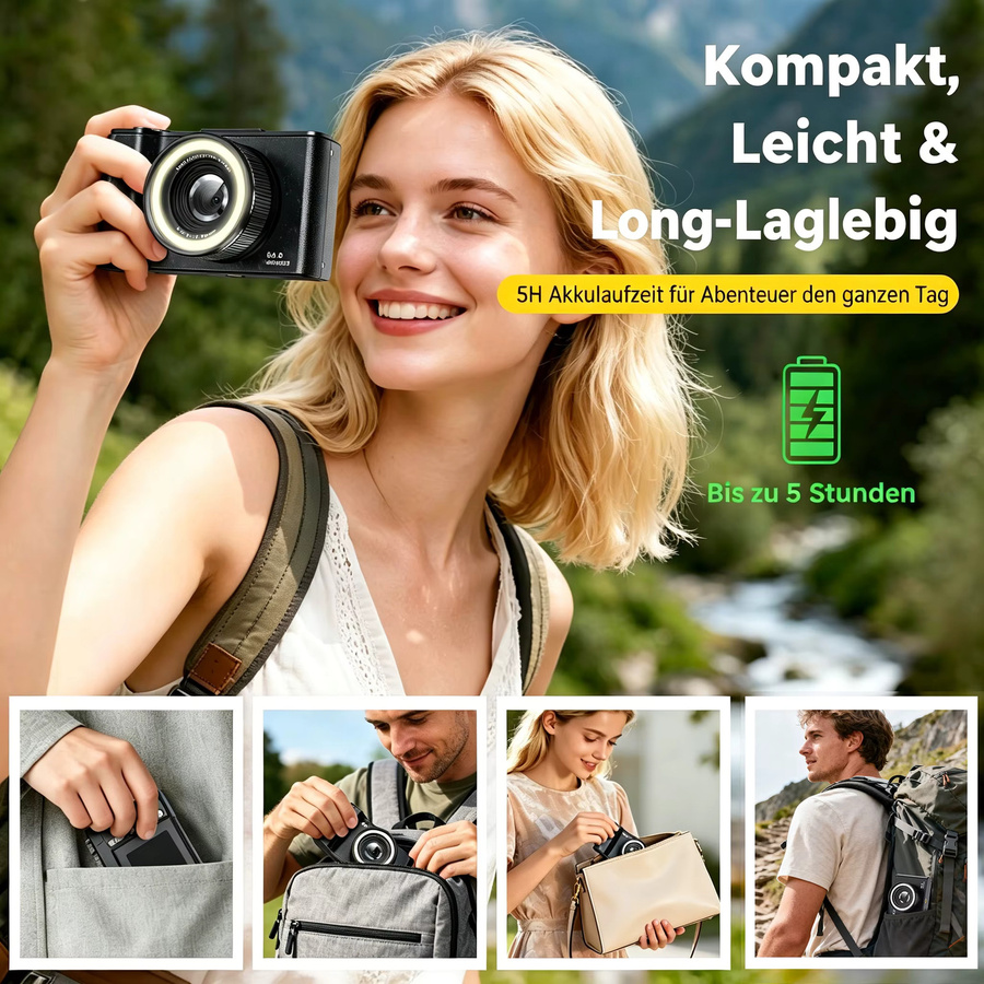 W&O Kompakte Digitalkamera in Schwarz mit 4K, 16X Digitalzoom und 180° Flip-Screen für Vlogging und YouTube inklusive 32GB Speicherkarte - Bild 5