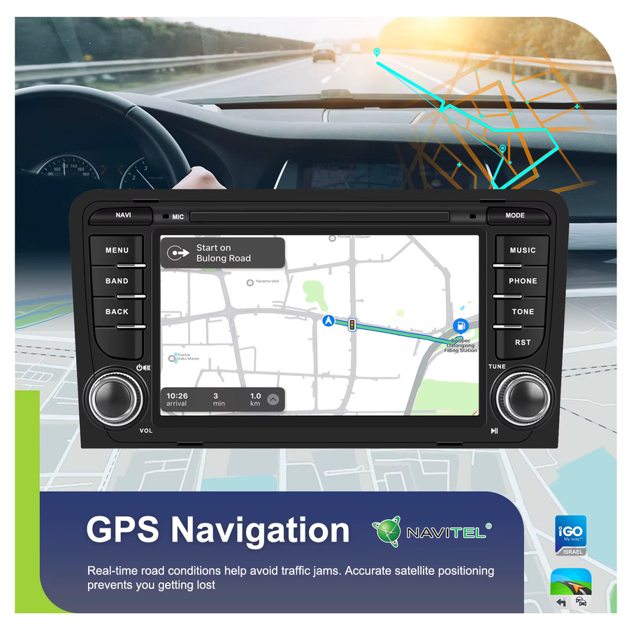 Podofo 7-Zoll Android Autoradio für Audi A3 8P (2003-2012) mit CarPlay, GPS-Navigation, WIFI, Bluetooth und FM/RDS in Schwarz - Bild 4