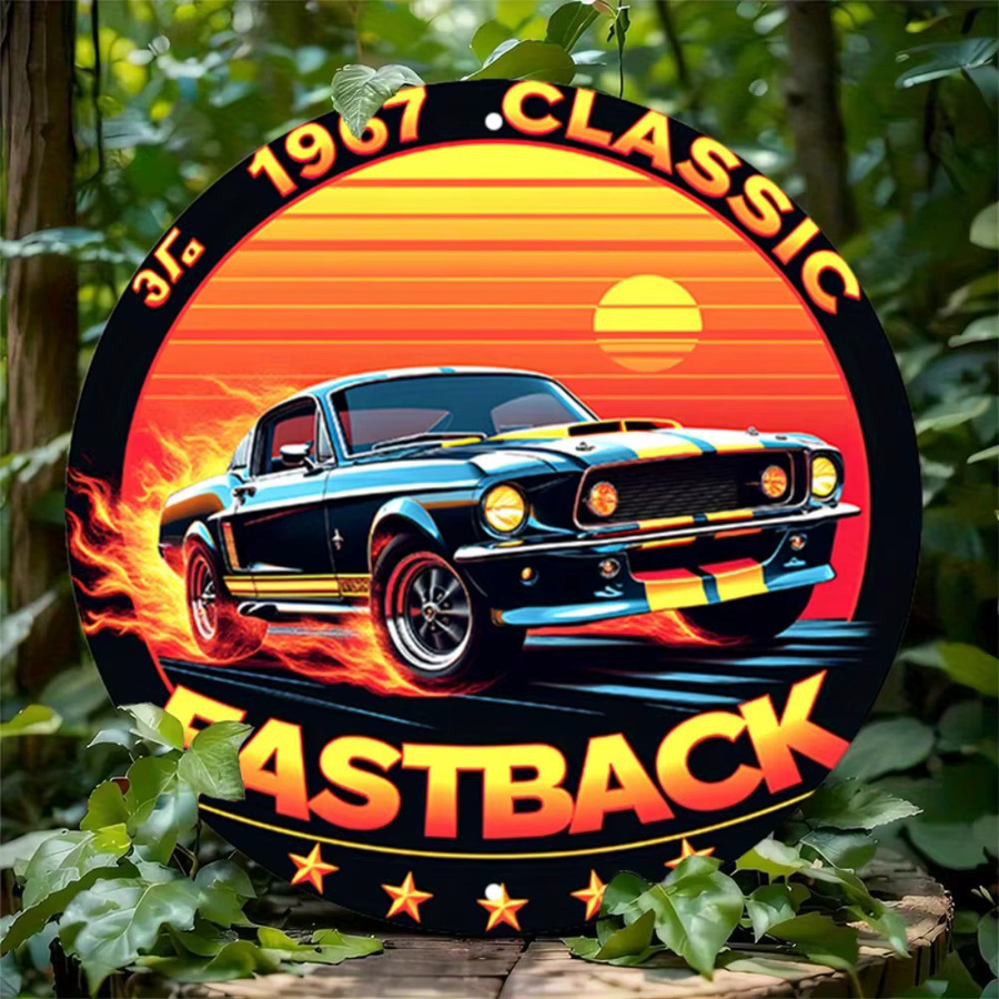 Rundes Vintage Aluminium-Metallblechschild von Hello Young mit 1967 Classic Fastback Design, Flammen und Sonnenuntergang, Durchmesser: 20 cm - Bild 2
