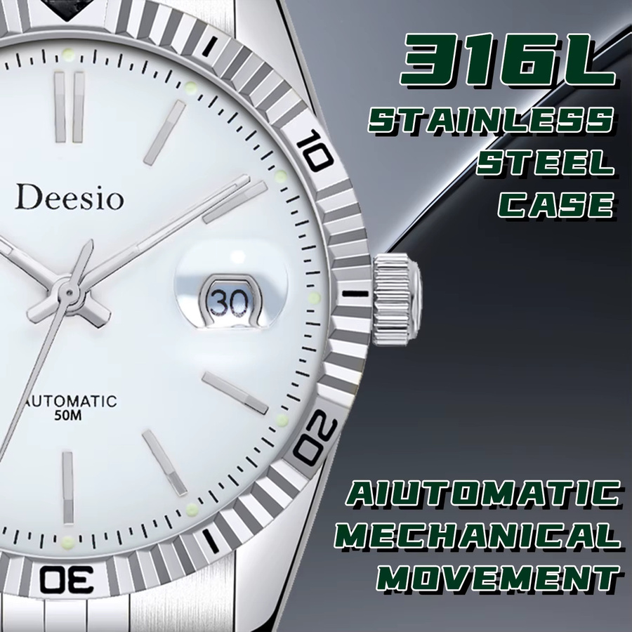Deesio Armbanduhr Automatik, Edelstahl, Silber, Herren, 5 ATM, Leuchtzeiger - Bild 3