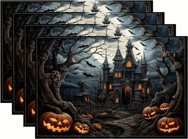 JF TableLinen Halloween Tischsets 4er Set mit Schloss und Kürbis Design in Grau, B/H: 30,48 x 45,72 cm - Bild 1