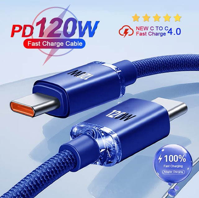 USB C auf USB C Schnellladekabel 120W 6A PD Datenkabel geflochten in Schwarz und Blau für Xiaomi Huawei Samsung - Bild 1
