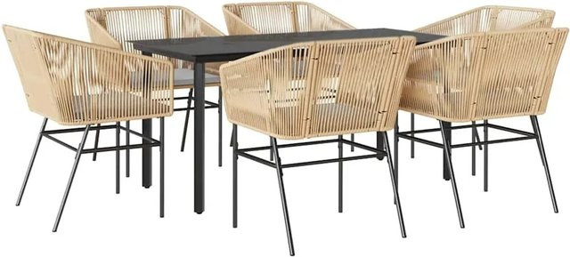 vidaXL 7-teilige Garten-Essgruppe aus Poly Rattan mit Glasplatte und Kissen in Braun, Schwarz und Hellgrau - Bild 1