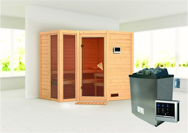 Karibu Sauna Amalia aus Fichtenholz mit 9,0 kW Ofen und externem Steuergerät, Farbe: Braun, B/T/H: 236 x 184 x 212 cm - Bild 1