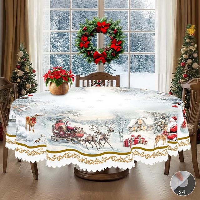 JINGYUE Pet Weihnachts-Tischdecke im Vintage-Bauernhaus-Stil mit Weihnachtsmann, Rentier und Weihnachtsbaum, weiß, B: 152 cm, L: 305 cm - Bild 1