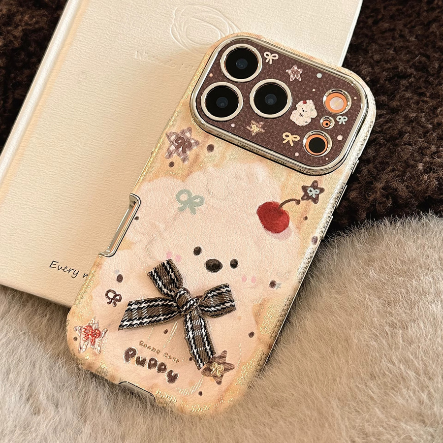 MUQGEW Handyhülle mit Koreanischem Cartoon Welpen Design und Kuchen Anhänger aus Leder Textur für iPhone 11 bis iPhone 17 Pro Max, Stoßfest, Mehrfarbig - Bild 4