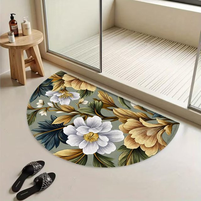 Vintage Gold Blumen Semi-Kreis Willkommens-Fußmatte Rutschfest für Außenbereich und Innenbereich, B/B: 90 x 60 cm - Bild 1