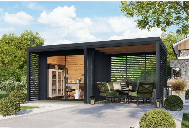 Karibu Gartenhaus Flavio B mit Anbaudach aus Massivholz in Anthrazit - Bild 1