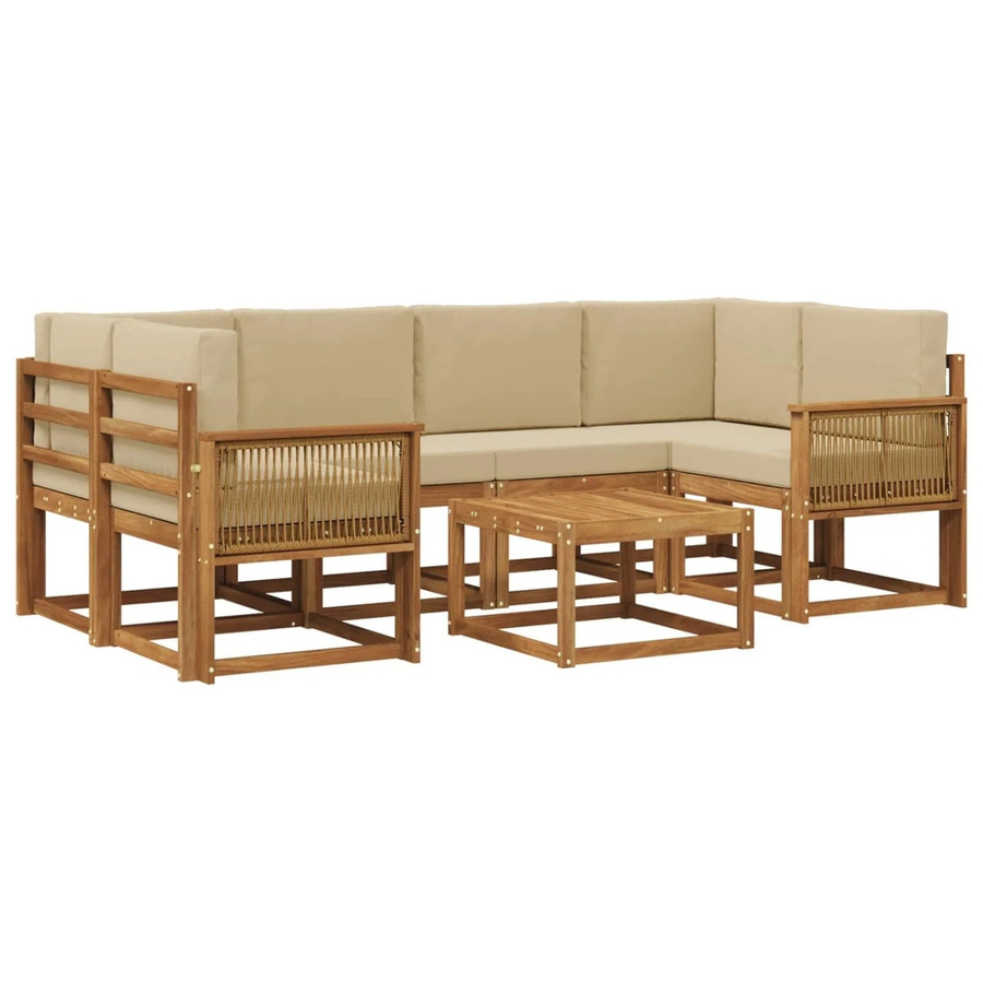 vidaXL Outdoor-Sofagarnitur in L-Form aus Akazienholz mit 7 Kissen, Natur-Beige und wetterfestem Polyester - Bild 2