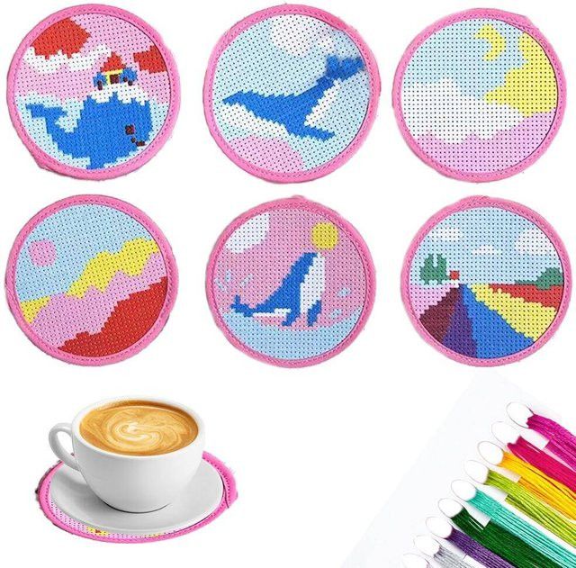 EverShine 6-teiliges Kreuzstich-Untersetzer-Set mit Delfin-Muster in Multicolor für DIY-Stickerei und Handarbeit - Bild 1