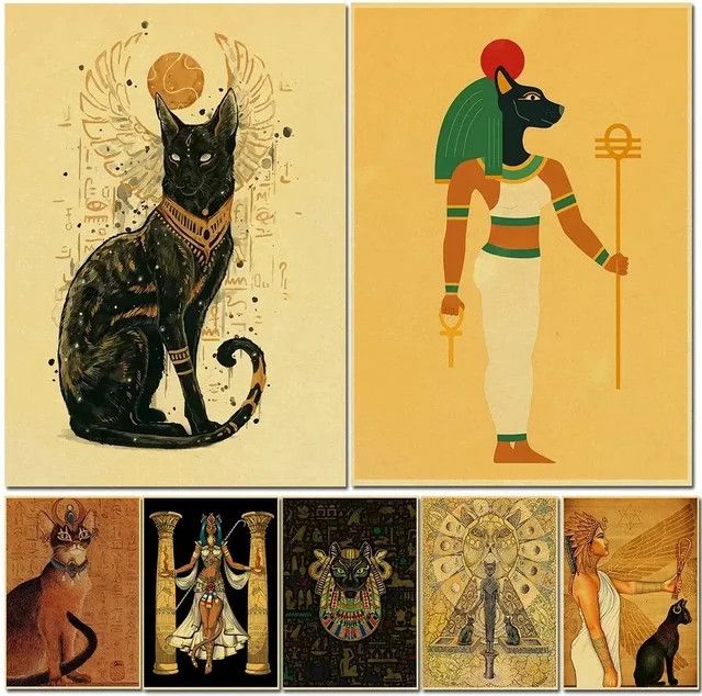 Vintage Bastet Ägyptische Mythologie Katze Poster auf Kraftpapier als Retro Kunstdruck für dein Zuhause oder Café - Bild 1