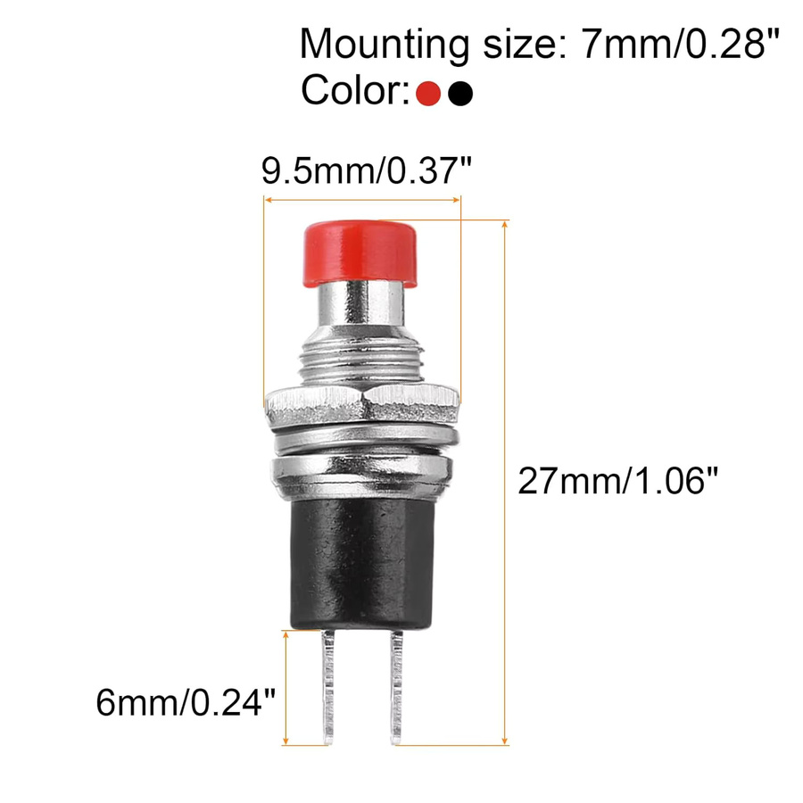 AOKIN Mini Momentary Push Button Switch PBS-110 Schalter mit Lötfuß, 250V AC, 7mm, Schwarz/Rot - Bild 2