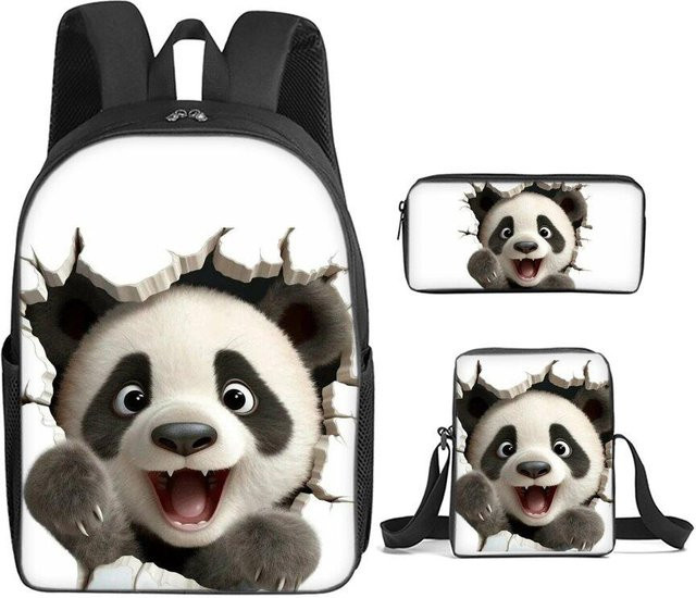 BAOERYE 3-teiliges Schultaschen-Set mit Panda-Druck bestehend aus Rucksack, Umhängetasche und Federmäppchen in Weiß - Bild 1