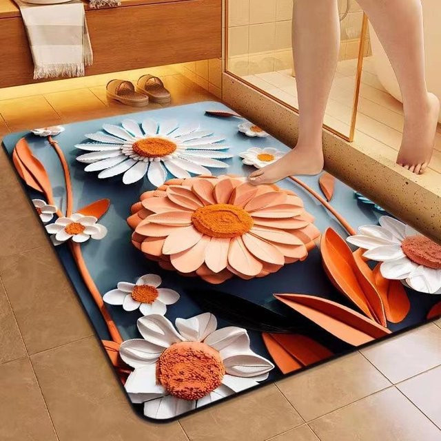 Yiran Furniture Badezimmer Bodenmatte mit Blumenmuster aus Diatomeenerde, rutschfest und schnelltrocknend, B/B: 50 x 80 cm, Mehrfarbig - Bild 1